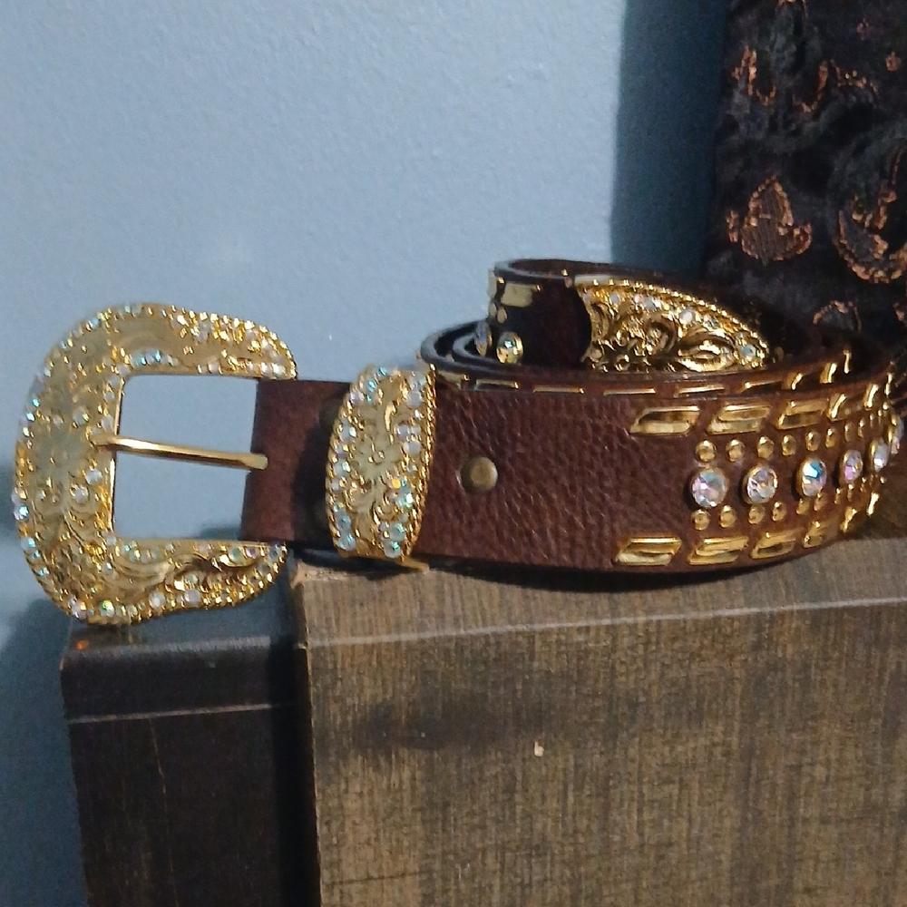 Nocona Western Brown Belt with Gold Buckle and Rhinestones